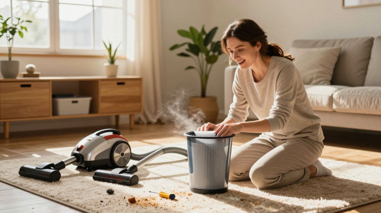 Mulher sorridente esvaziando filtro de aspirador de pó em sala iluminada e arejada.
