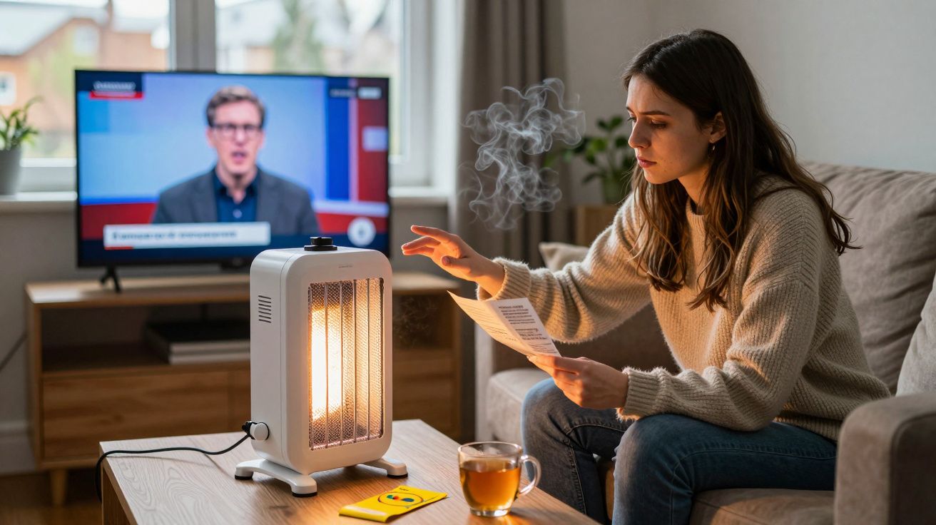 Mulher aquecendo a mão em aquecedor elétrico enquanto assiste TV e segura papel sentada no sofá.