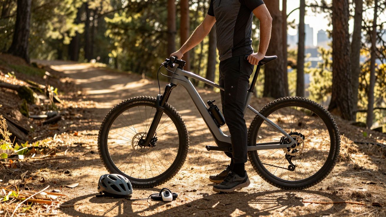 Pessoa de pé com bicicleta de trilha cinza em caminho de terra na floresta durante o dia.