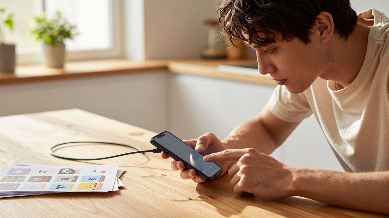 Jovem usando celular conectado a cabo em mesa de madeira com documentos e planta ao fundo.