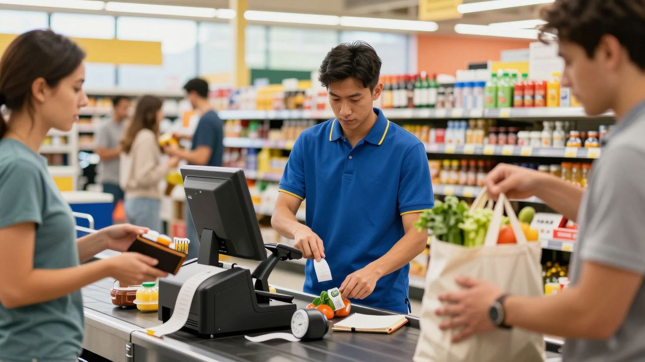 Caixa registra compras de clientes em supermercado com prateleiras cheias ao fundo.