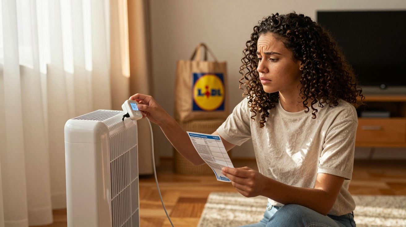 Mulher preocupada lendo conta ao lado de aquecedor ligado dentro de sala iluminada.