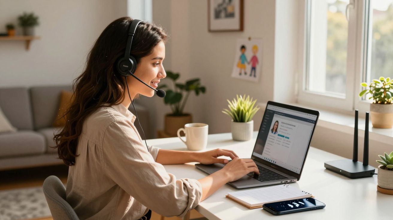 Mulher com fones de ouvido trabalhando no laptop em mesa com plantas e decoração ao redor.