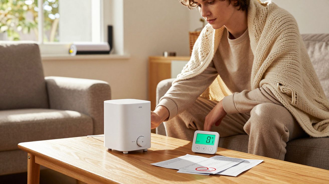 Pessoa sentada no sofá ajustando umidificador em mesa de centro com termômetro digital e documentos.