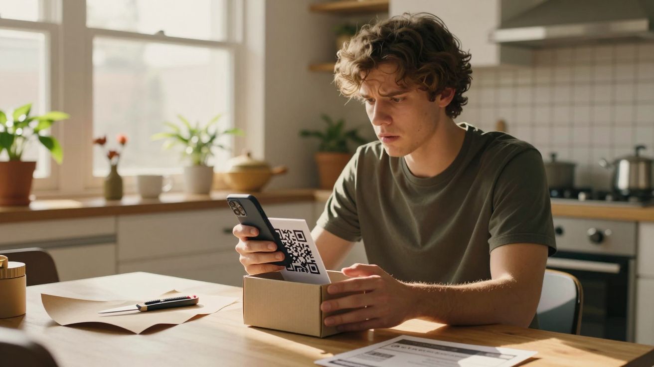Homem jovem lendo código QR em um cartão dentro de caixa na cozinha iluminada pelo sol.