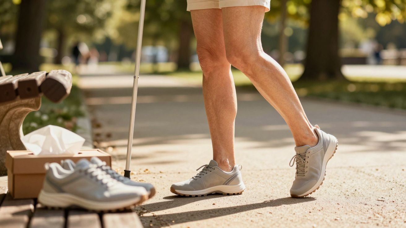 Pessoa caminhando com bengala em parque ensolarado, tênis cinza e caixa com lenços descartáveis ao lado.