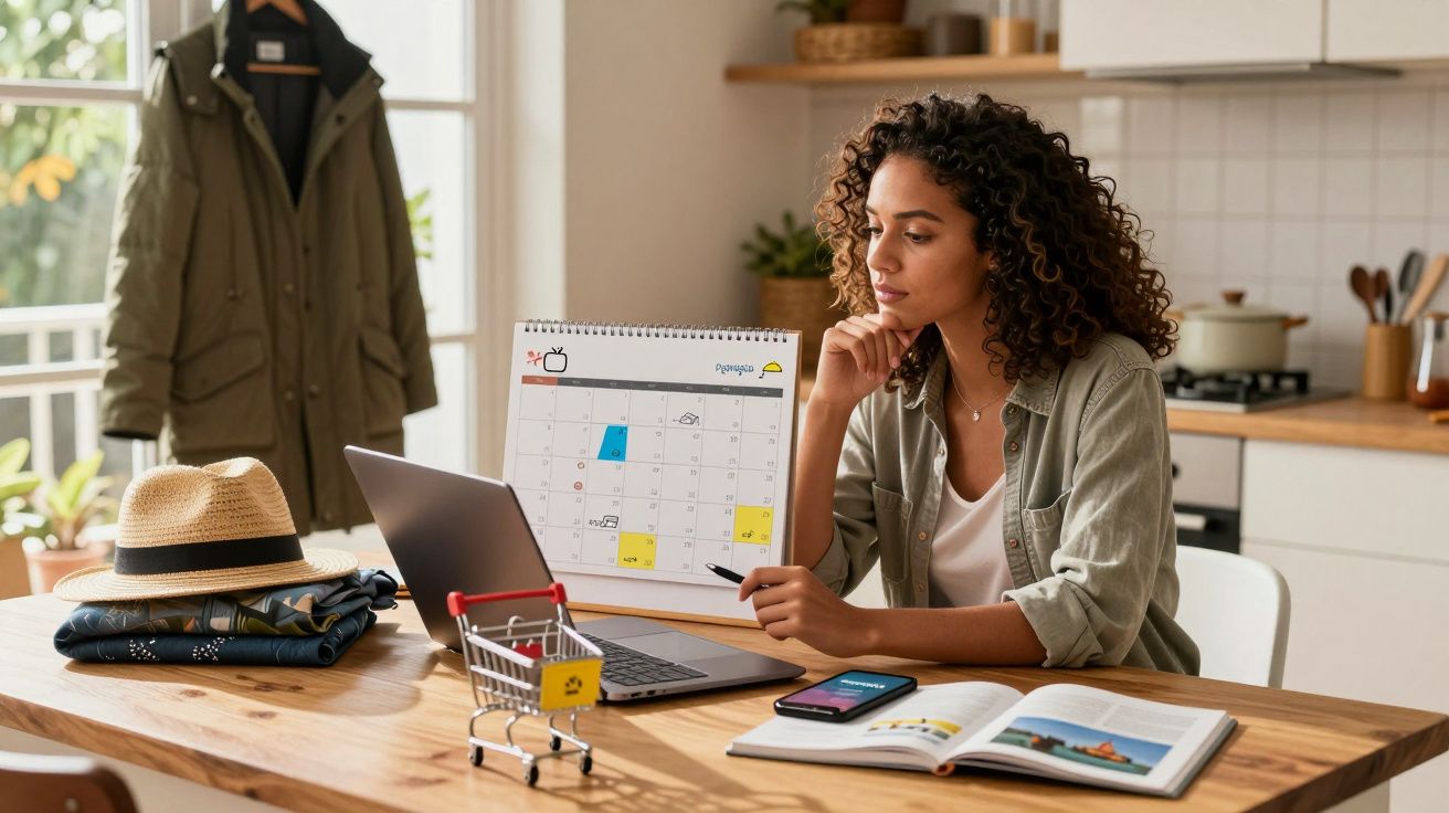 Mulher planejando viagem em cozinha, com calendário, laptop, smartphone e mini carrinho de compras na mesa.