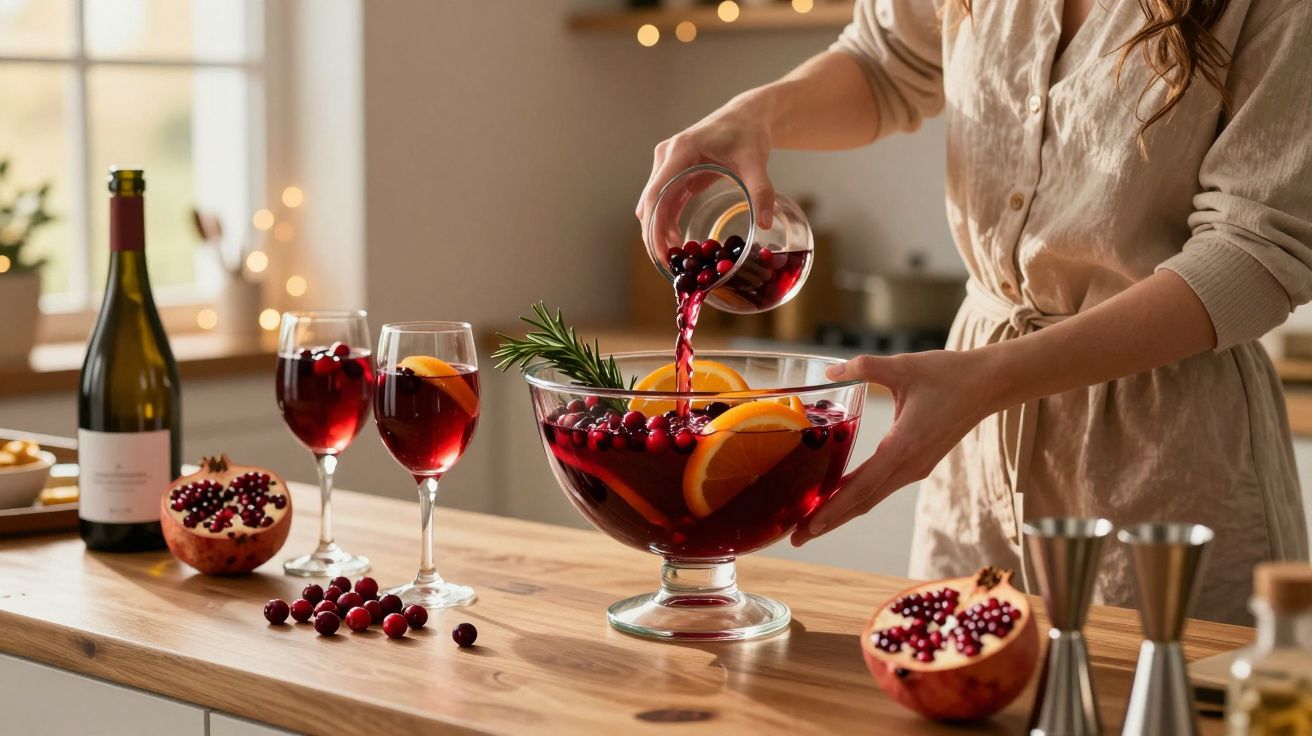 Pessoa servindo ponche decorado com laranjas, cranberries e alecrim em tigela de vidro na cozinha.