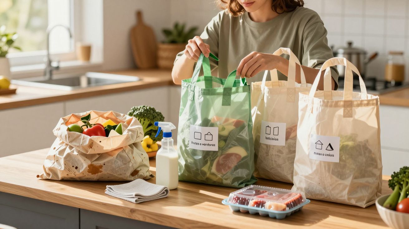 Pessoa organizando sacolas reutilizáveis rotuladas para frutas, verduras, laticínios e recicláveis na cozinha.