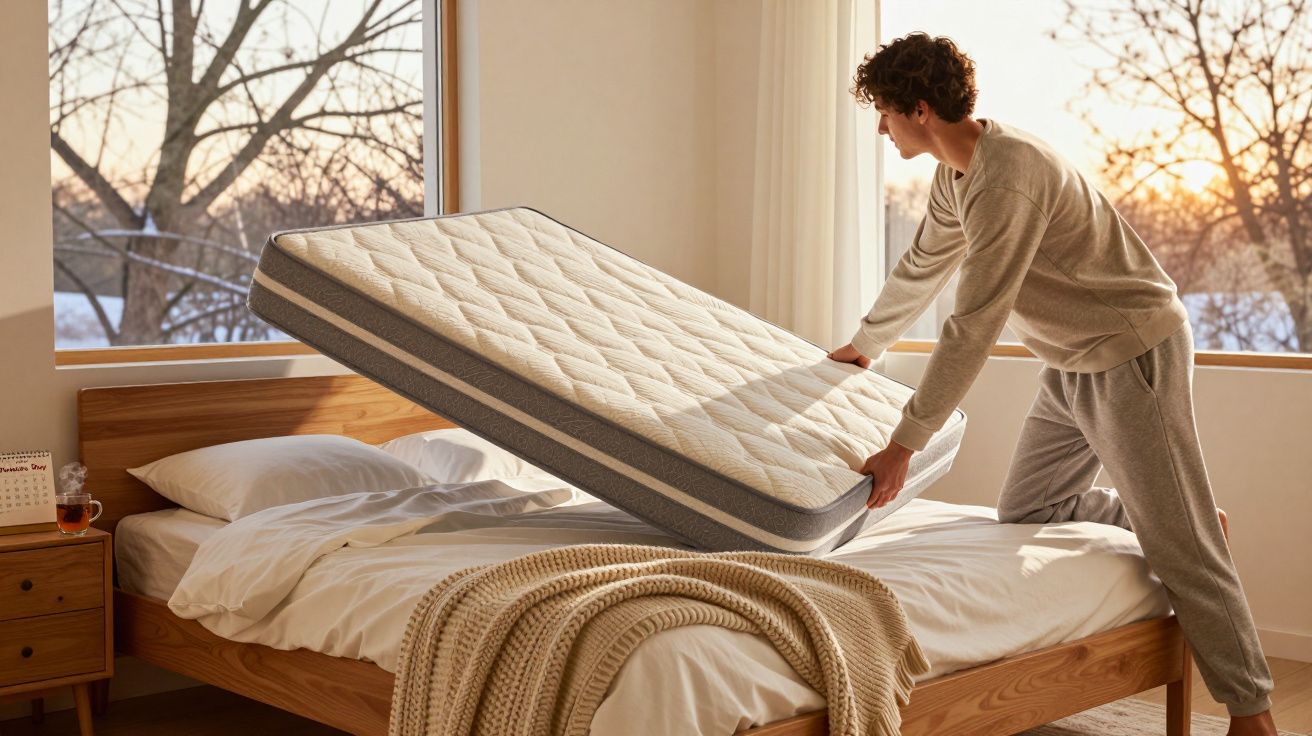 Homem arrumando colchão em cama de madeira em quarto iluminado pela luz natural do pôr do sol.