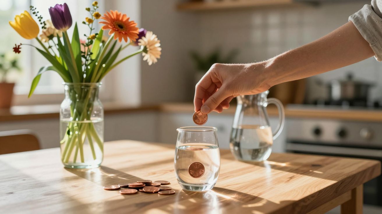 Mão colocando moedas em copo de água sobre mesa de madeira com flores e jarra ao fundo em cozinha.