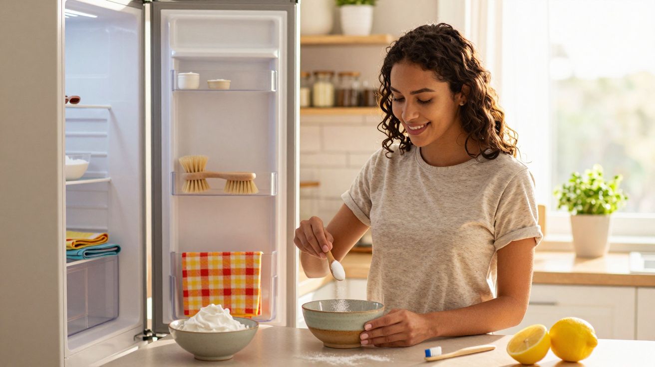 Mulher sorrindo preparando remédio caseiro na cozinha com ingredientes sobre a bancada.