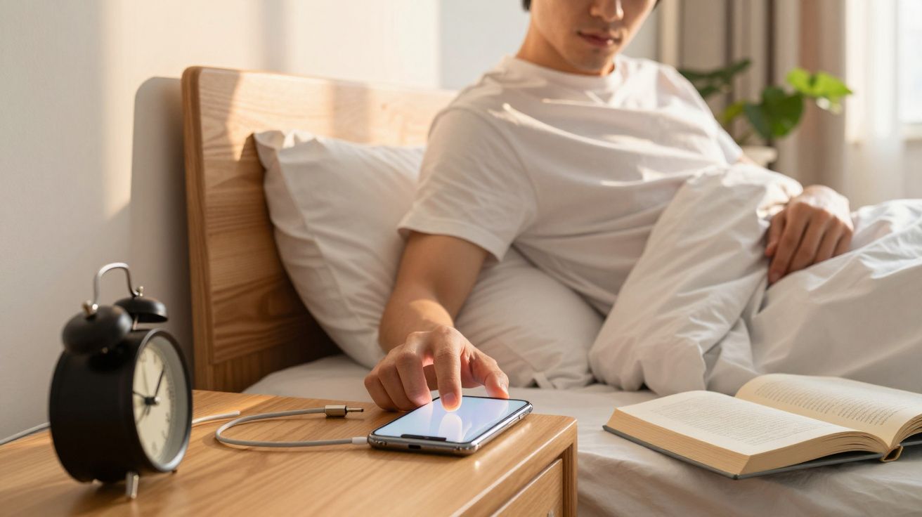 Pessoa acordando na cama e tocando na tela do celular ao lado de livro aberto e relógio no criado-mudo.