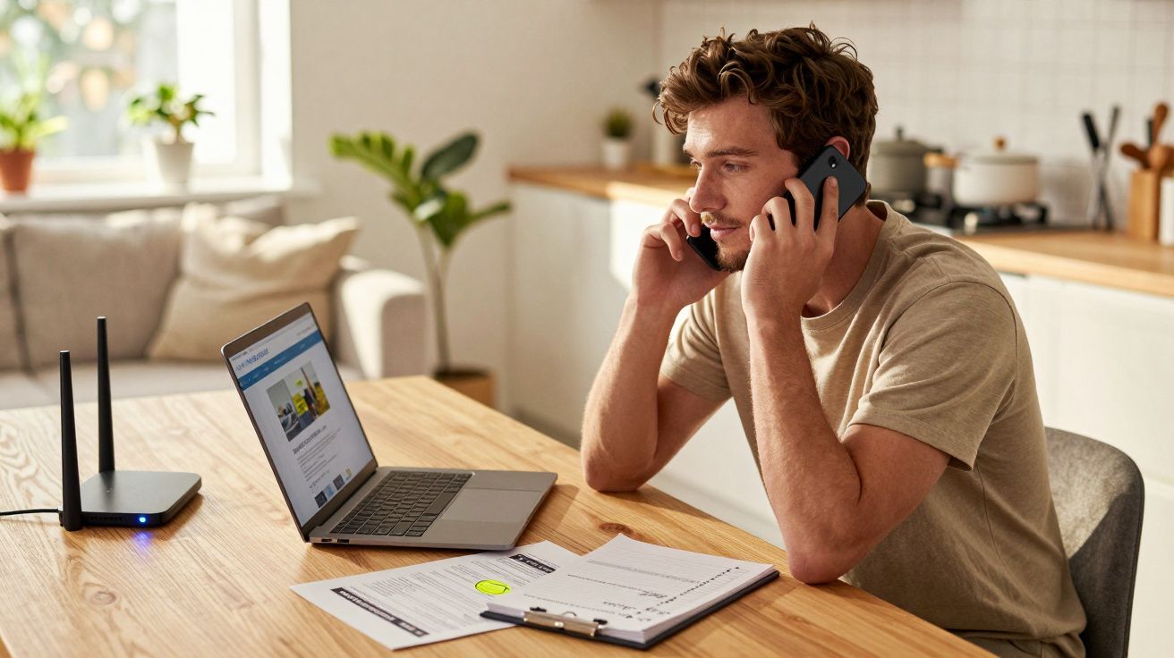 Homem sentado à mesa usando dois celulares, com laptop e documentos em ambiente residencial.