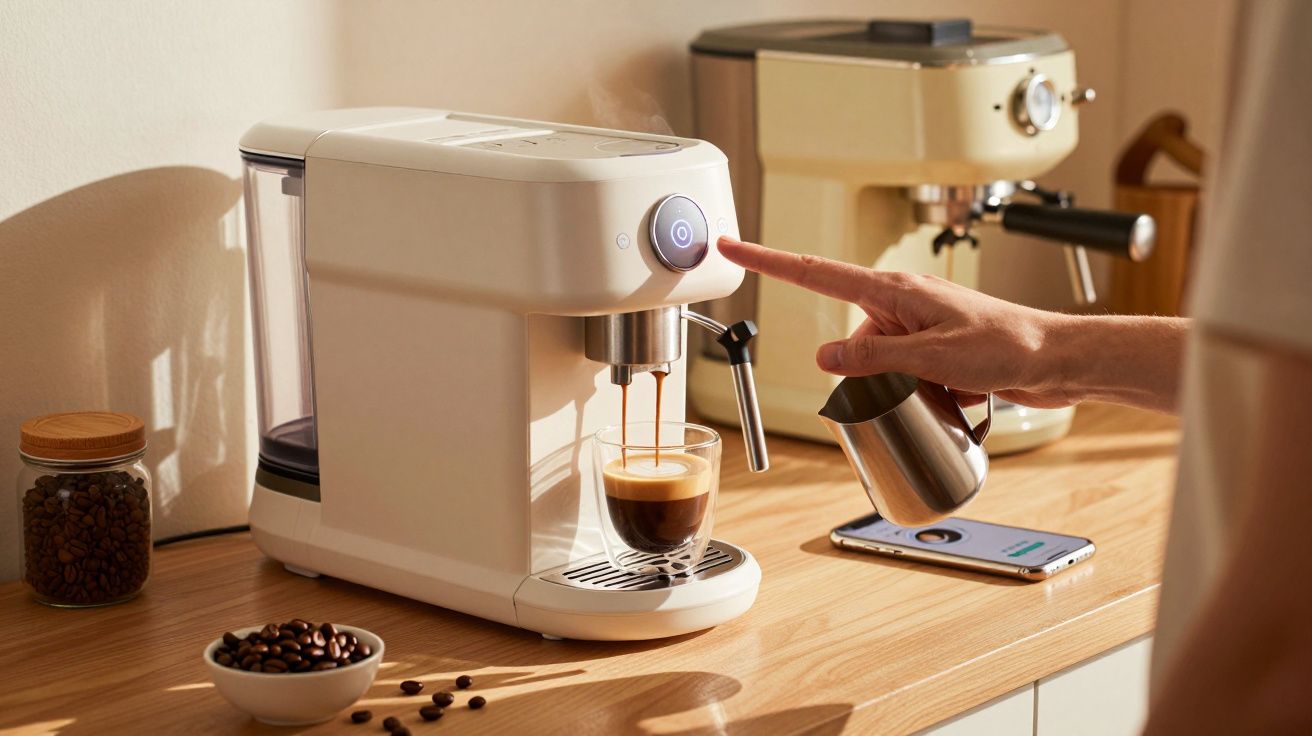 Pessoa acionando máquina de café expresso branca enquanto prepara bebida em copo transparente.