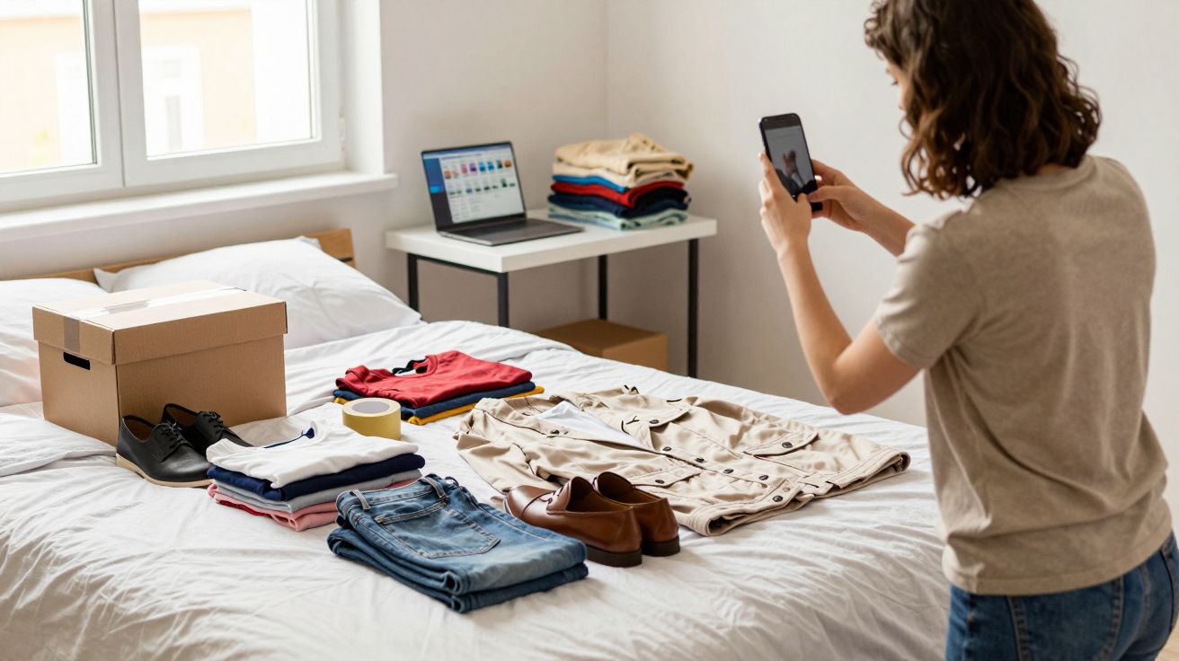 Pessoa fotografando roupas e sapatos organizados sobre cama em quarto iluminado.