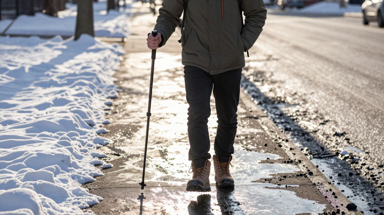 Pessoa caminhando com bengala em calçada congelada ao lado de neve derretida e rua molhada.