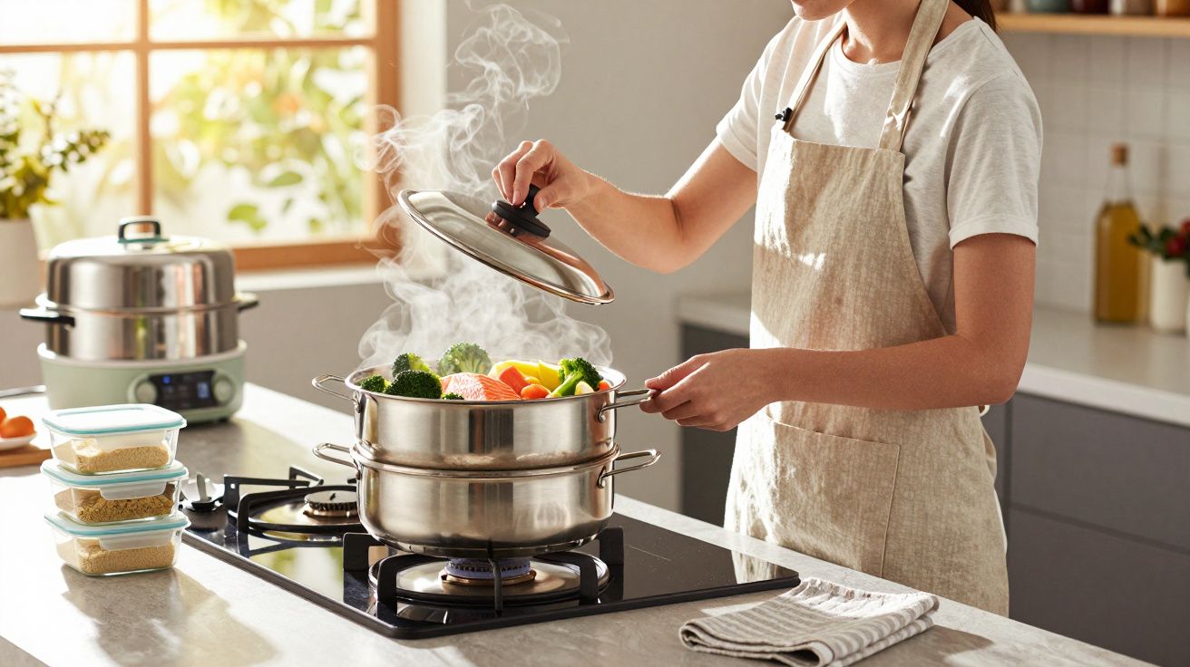 Pessoa cozinhando legumes no vapor em panela de inox na cozinha iluminada.