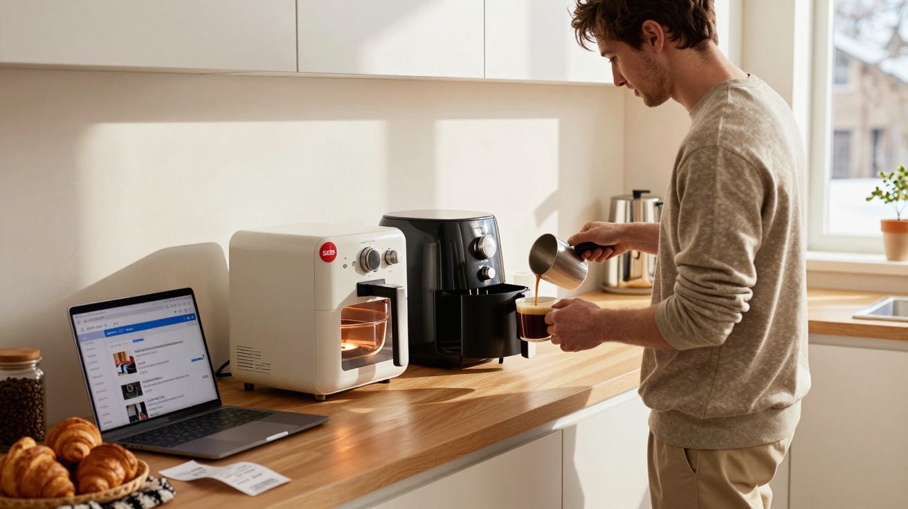 Homem preparando café na cozinha moderna com eletrodomésticos e laptop sobre bancada de madeira.