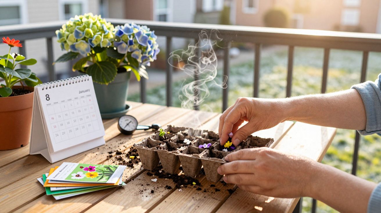 Mãos plantando flores em bandeja de mudas sobre mesa de madeira em varanda iluminada pelo sol.