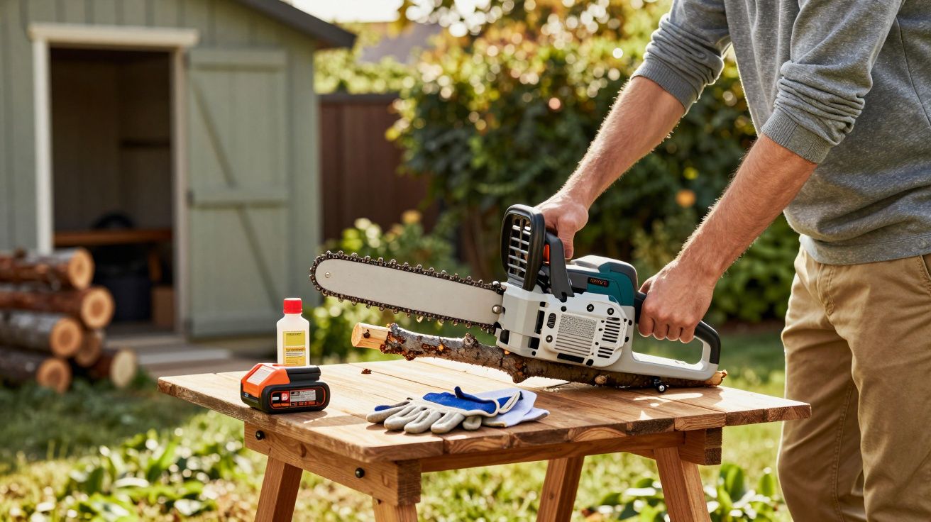 Pessoa segurando motosserra sobre mesa com luvas, óleo e bateria em área externa gramada.