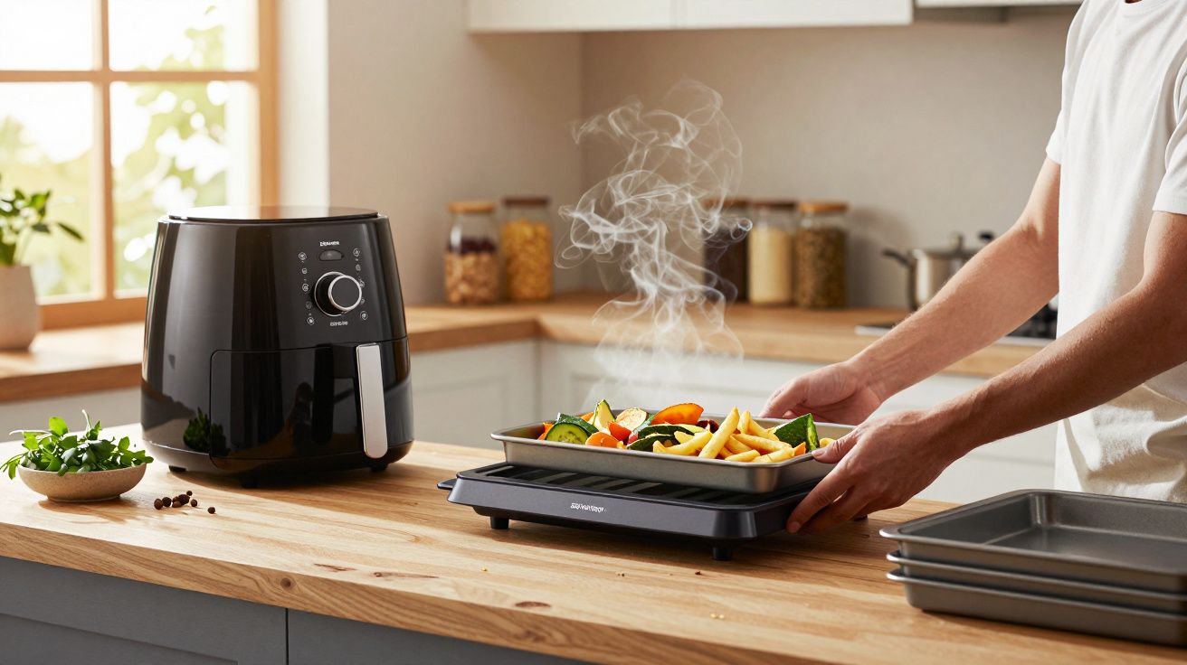 Pessoa segurando assadeira com legumes e batatas quentes em bancada de cozinha ao lado de air fryer preta.