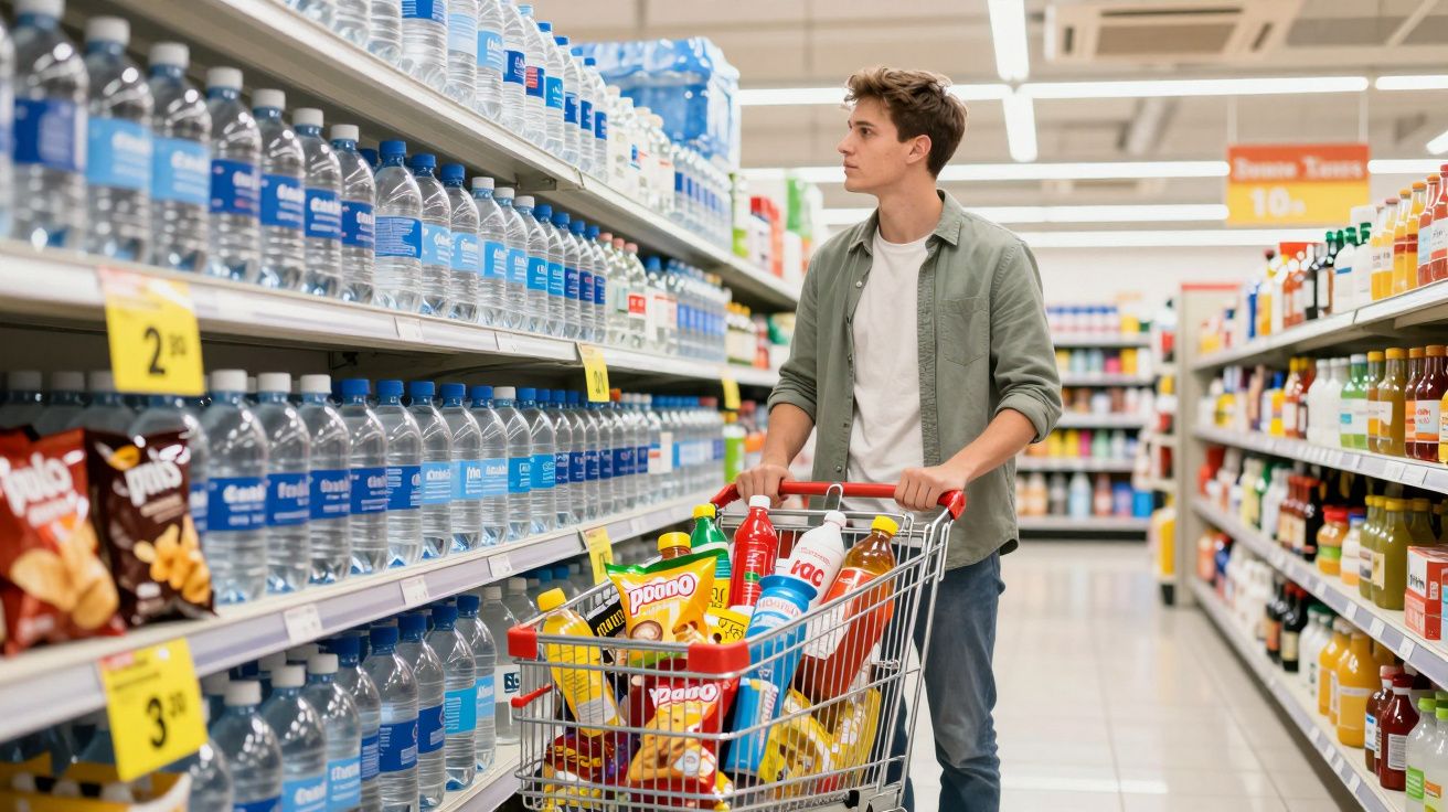 Jovem escolhe produtos na prateleira enquanto empurra carrinho cheio em supermercado.