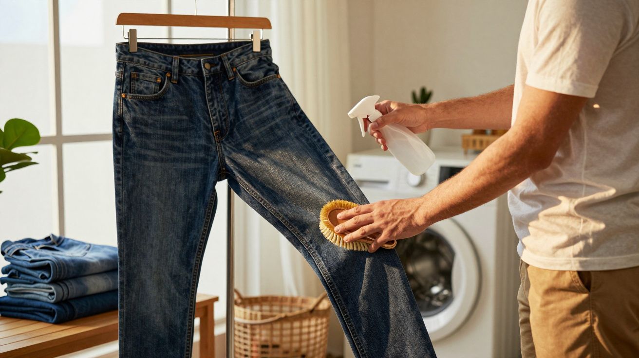 Pessoa limpando calça jeans pendurada com escova e borrifador em lavanderia iluminada.