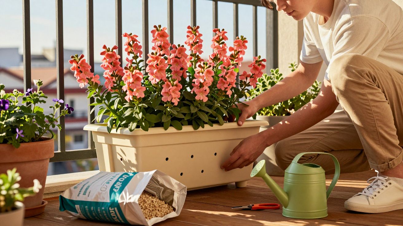 Pessoa cuidando de flores rosa em vaso na varanda com regador e terra para plantas ao lado