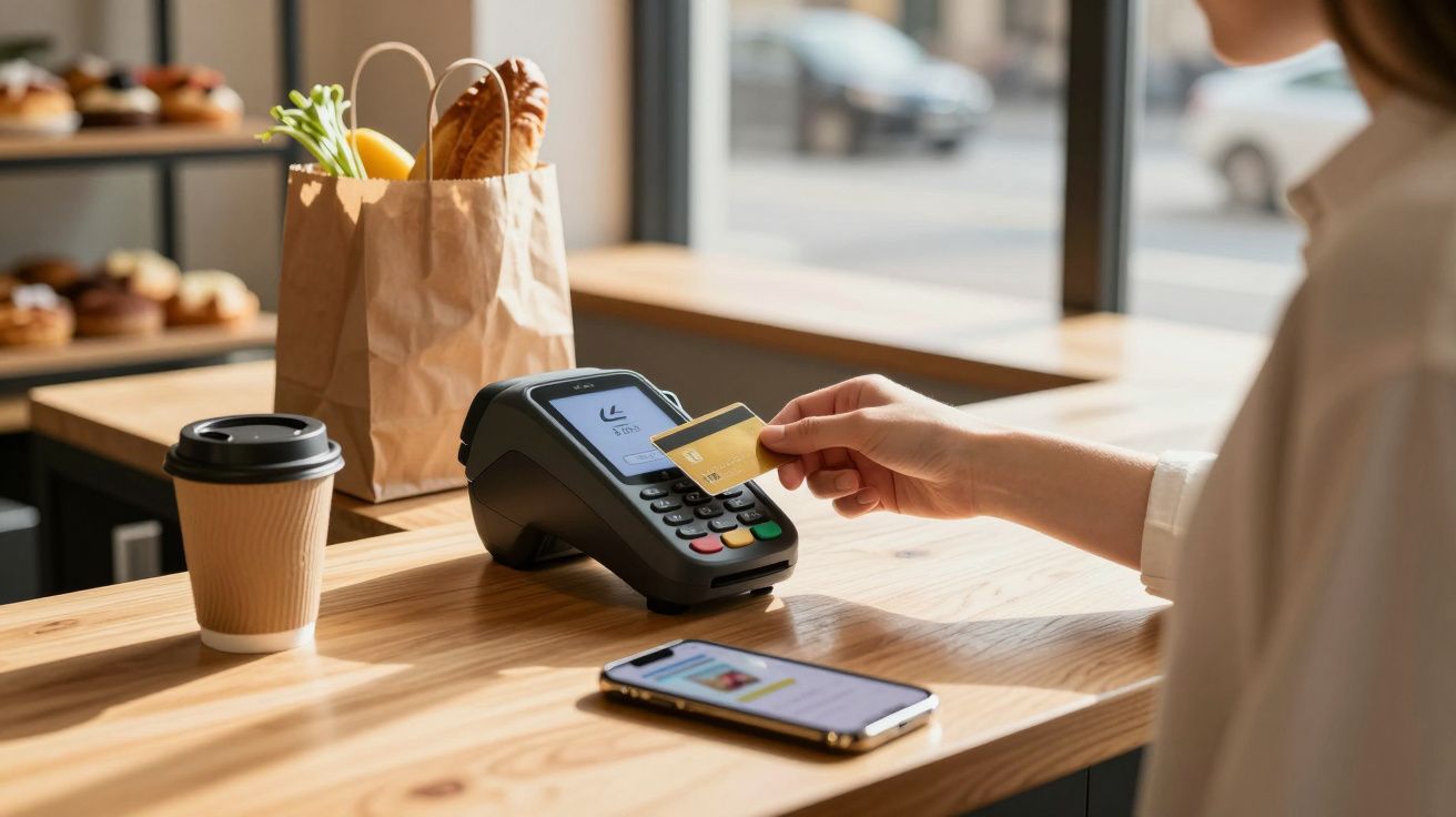 Pessoa realizando pagamento por aproximação com cartão em maquininha em cafeteria, com pão e café na mesa.