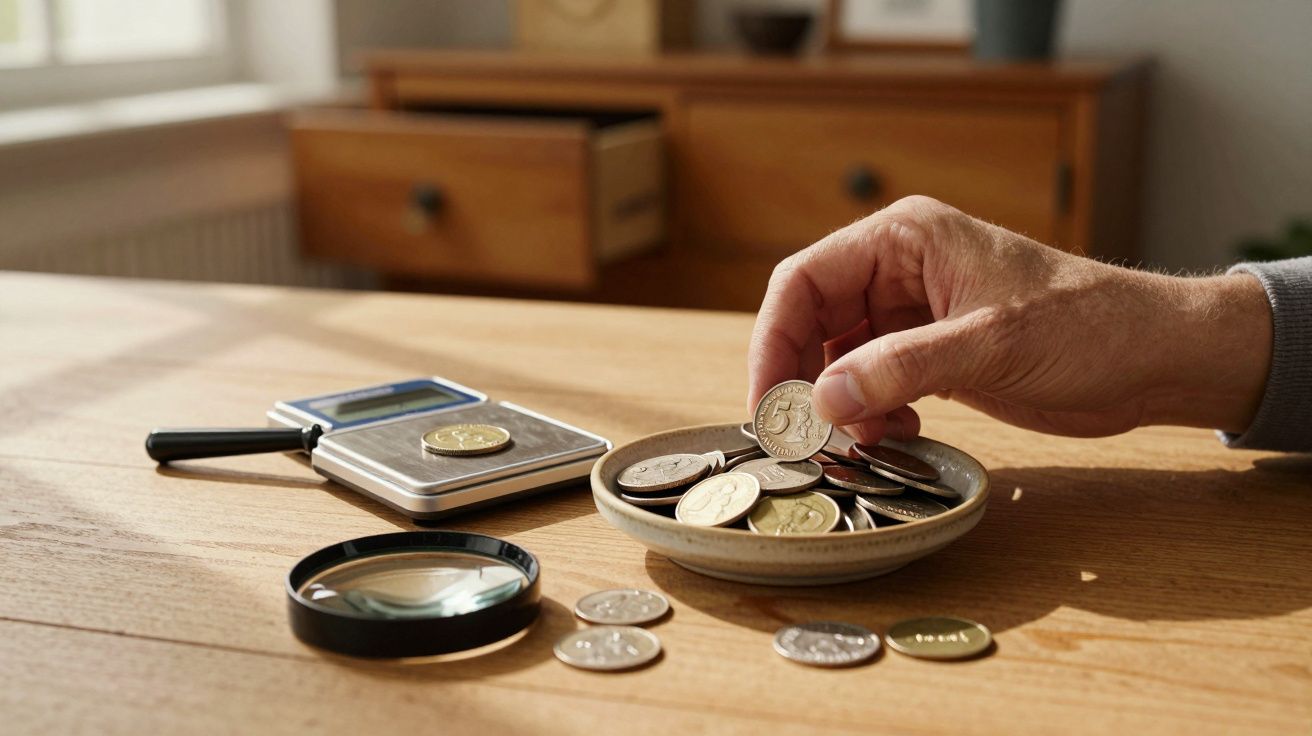 Mão segurando moeda sobre prato com várias moedas, balança digital e lupa em mesa de madeira.