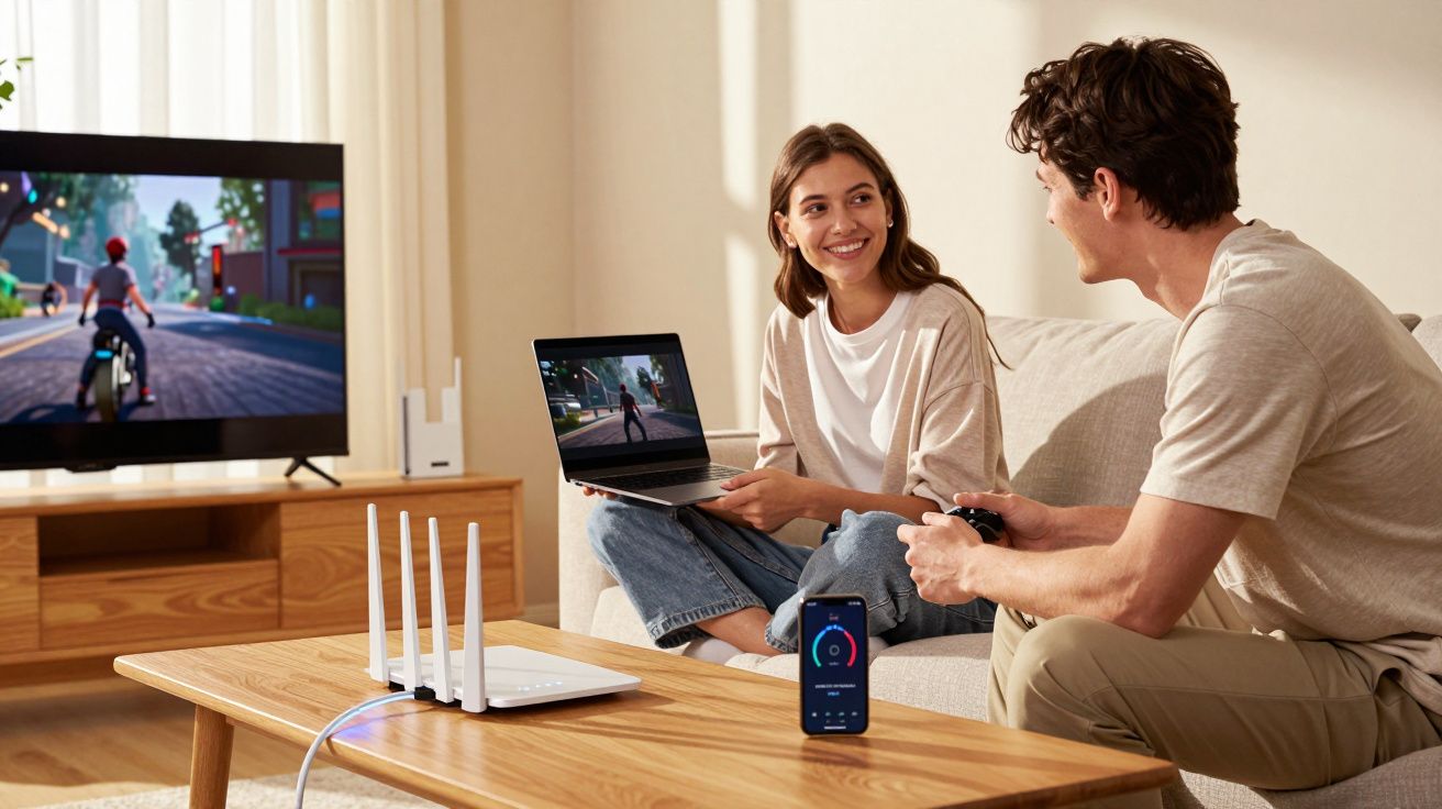 Casal jovem sorrindo em sala com laptop, celular mostrando velocidade de internet e TV com jogo de bicicleta.