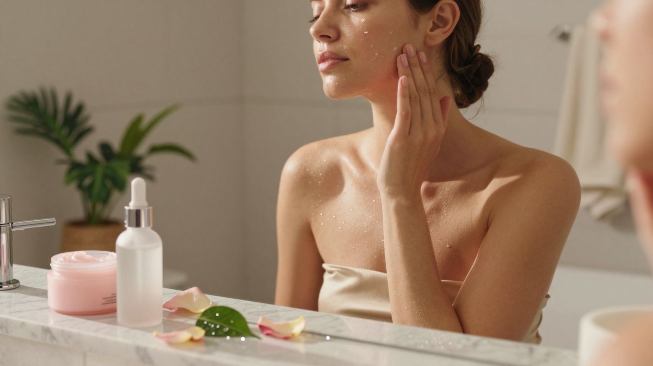 Mulher aplicando produtos de cuidado facial diante do espelho, com pétalas e plantas na bancada do banheiro.