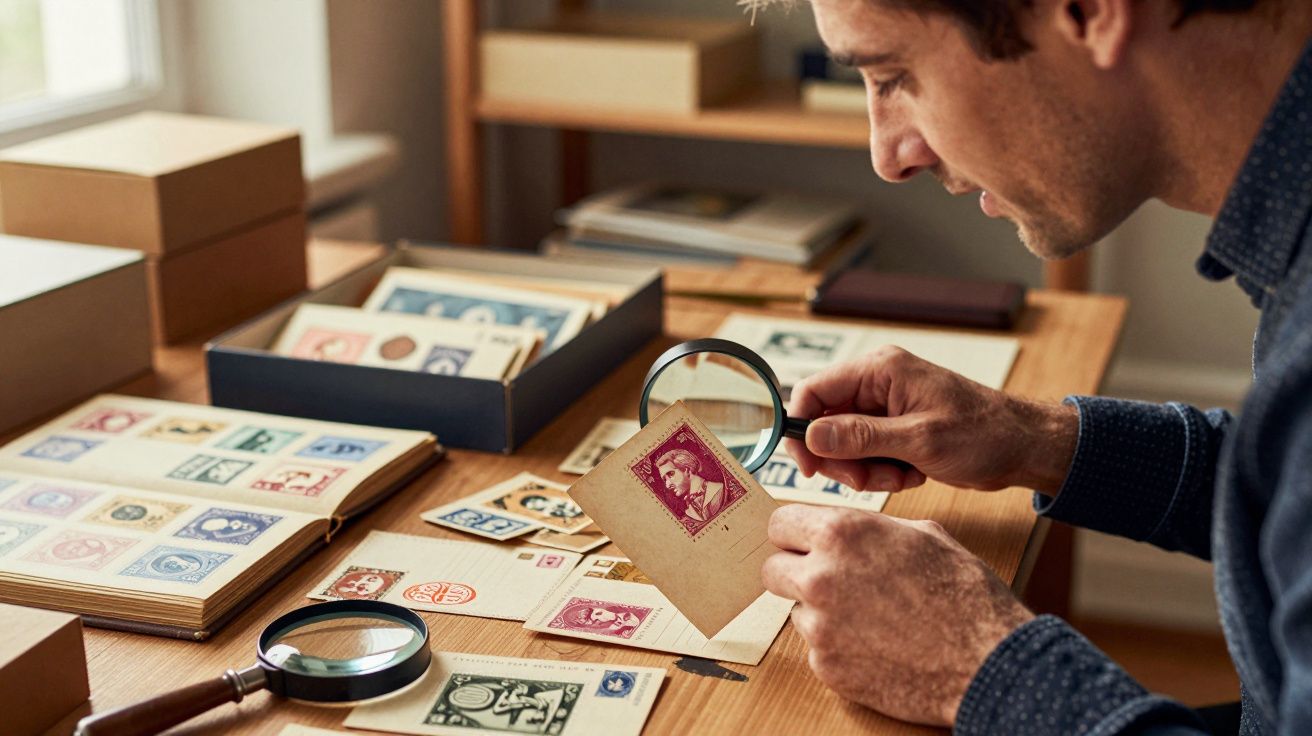 Homem examinando selo postal antigo com lupa em mesa cheia de cartas e álbuns.