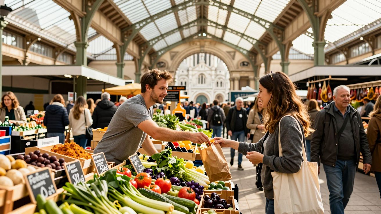 Feira de alimentos com pessoas comprando frutas e legumes frescos em mercado coberto.