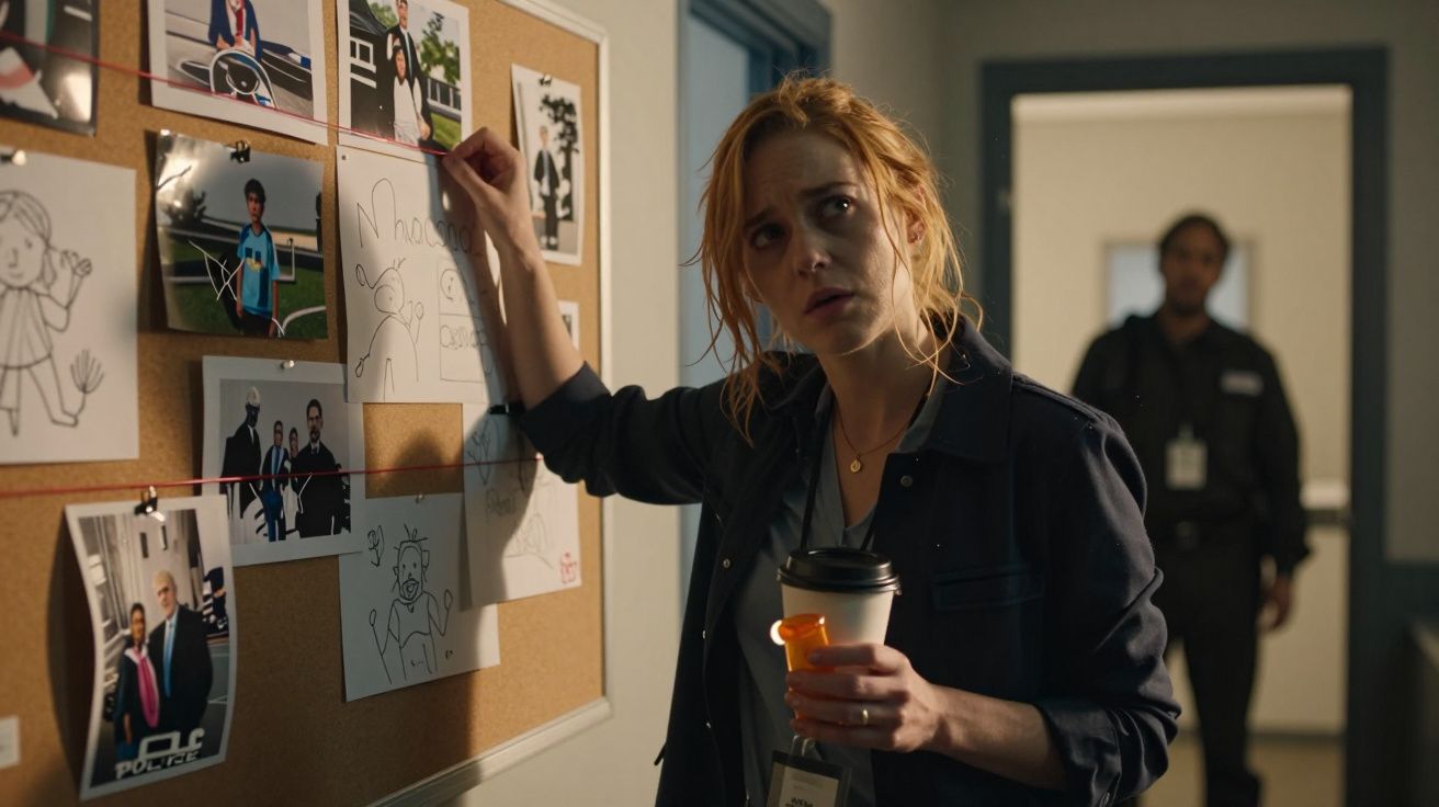 Mulher analisando quadro de investigações com fotos e desenhos, segurando café e remédio em ambiente policial.