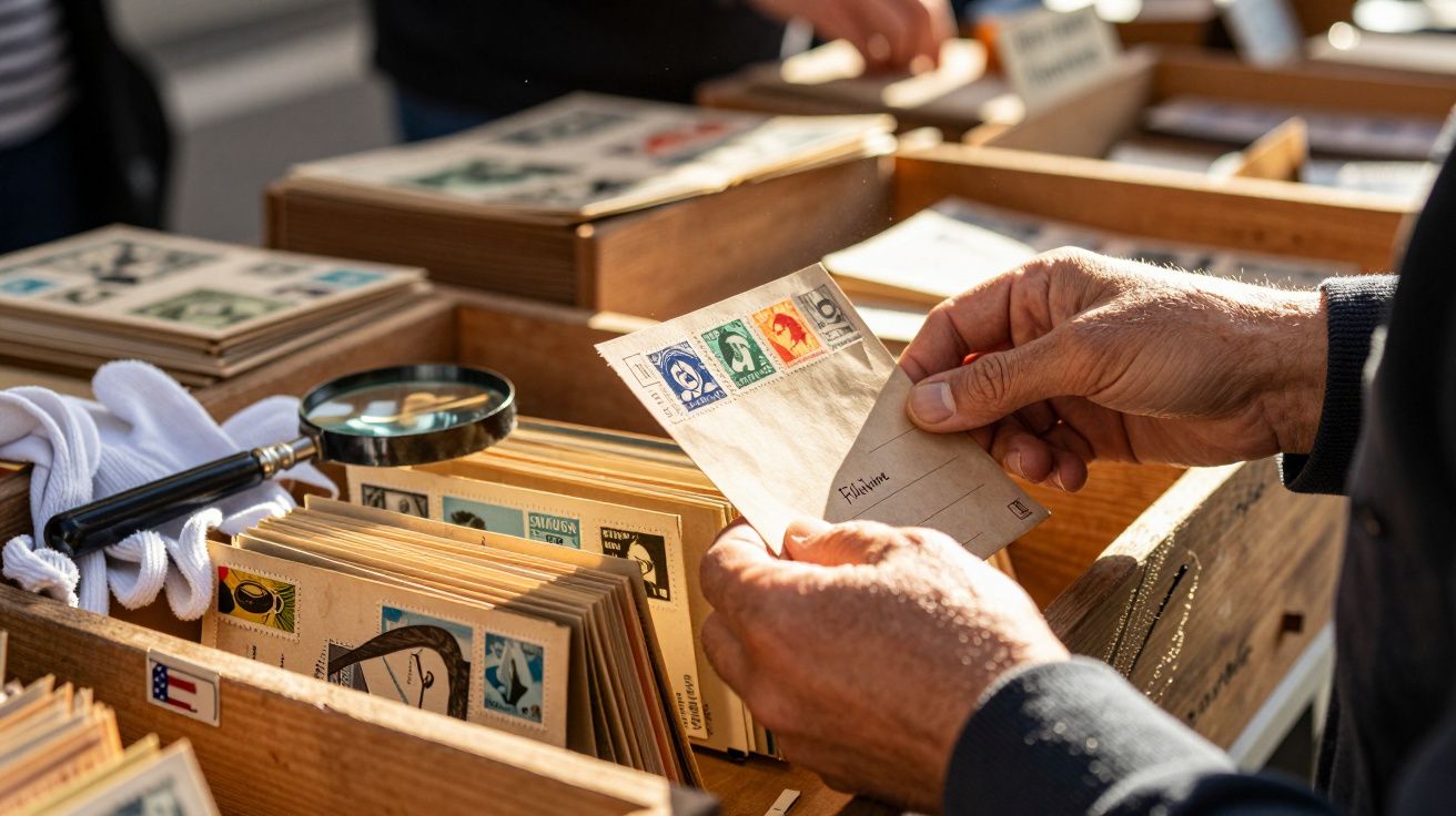 Pessoa segurando envelope antigo com selos coloridos em feira de colecionadores de selos.