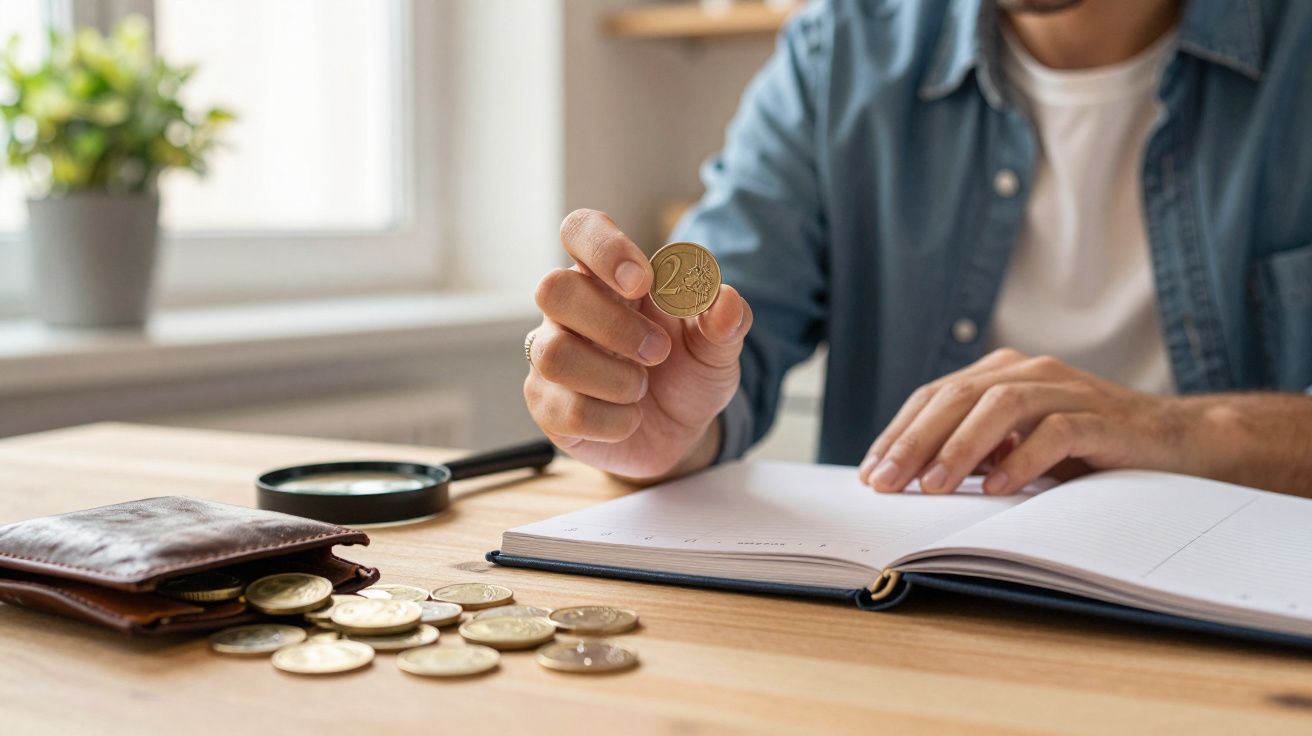 Pessoa segurando moeda de 2 euros enquanto consulta caderno, com carteira aberta e moedas sobre a mesa.