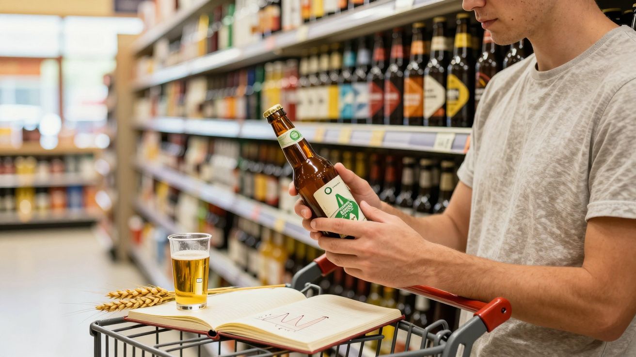 Homem em supermercado segurando cerveja artesanal com carrinho, copo e caderno aberto na frente.