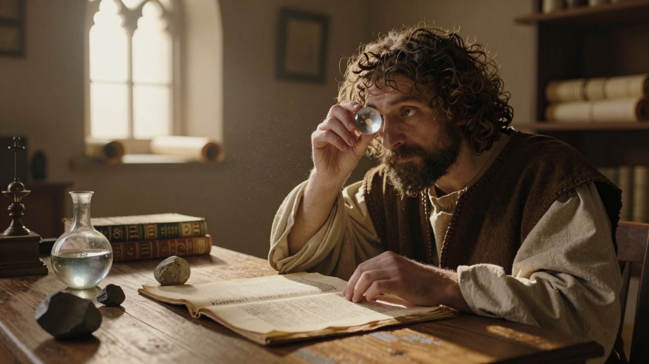 Homem medieval com vidro de aumento observa livro antigo em mesa de madeira iluminada por janela.