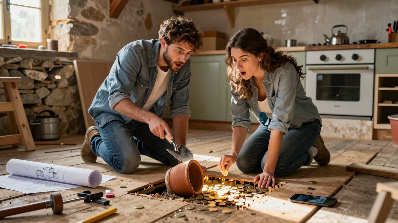 Casal surpreso descobrindo moedas douradas enterradas sob o piso de madeira em casa antiga.