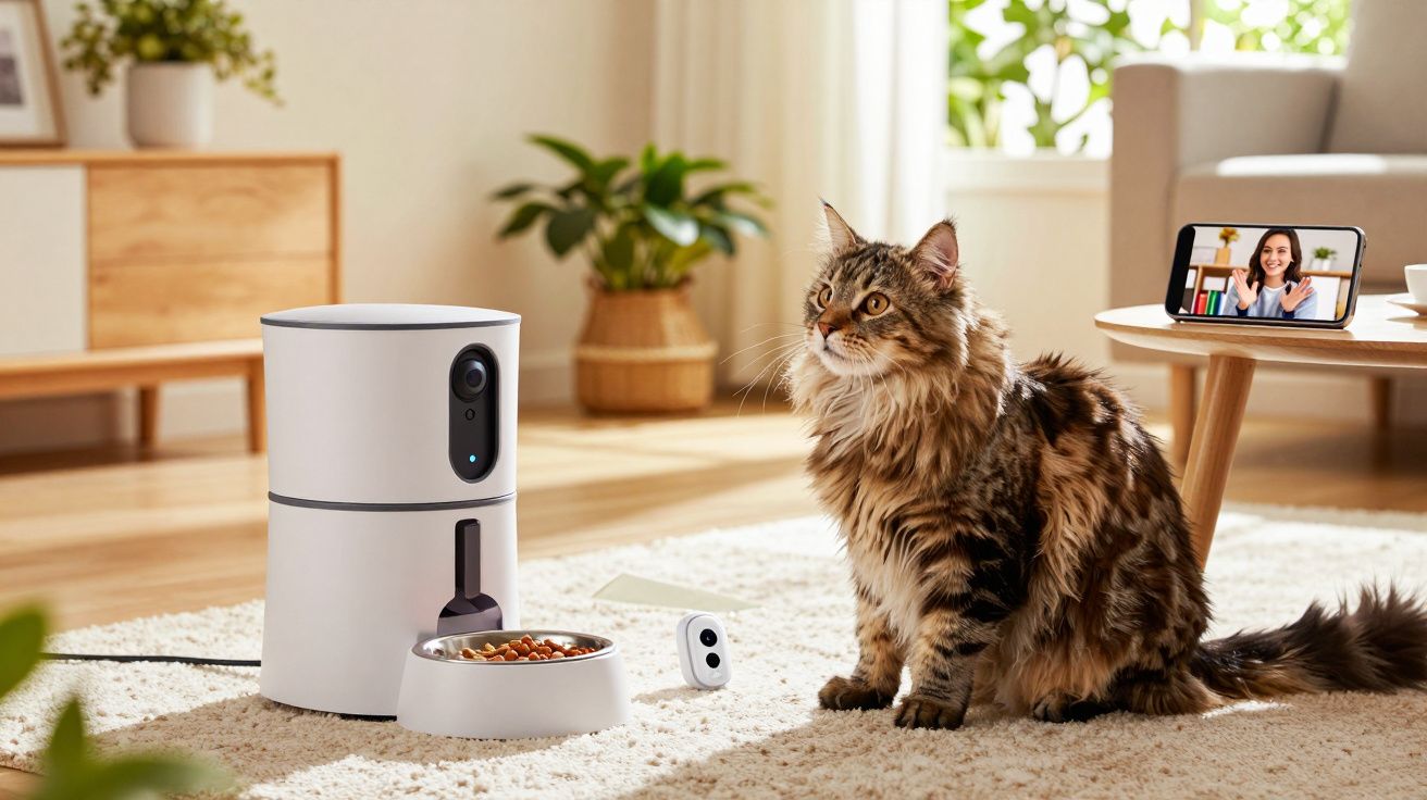 Gato ao lado de comedouro automático e aparelho de vídeo chamada sobre tapete em sala iluminada.