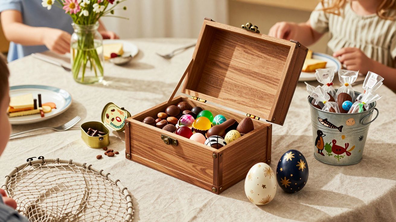 Caixa de madeira com ovos de Páscoa coloridos e chocolates sobre mesa com crianças ao fundo.