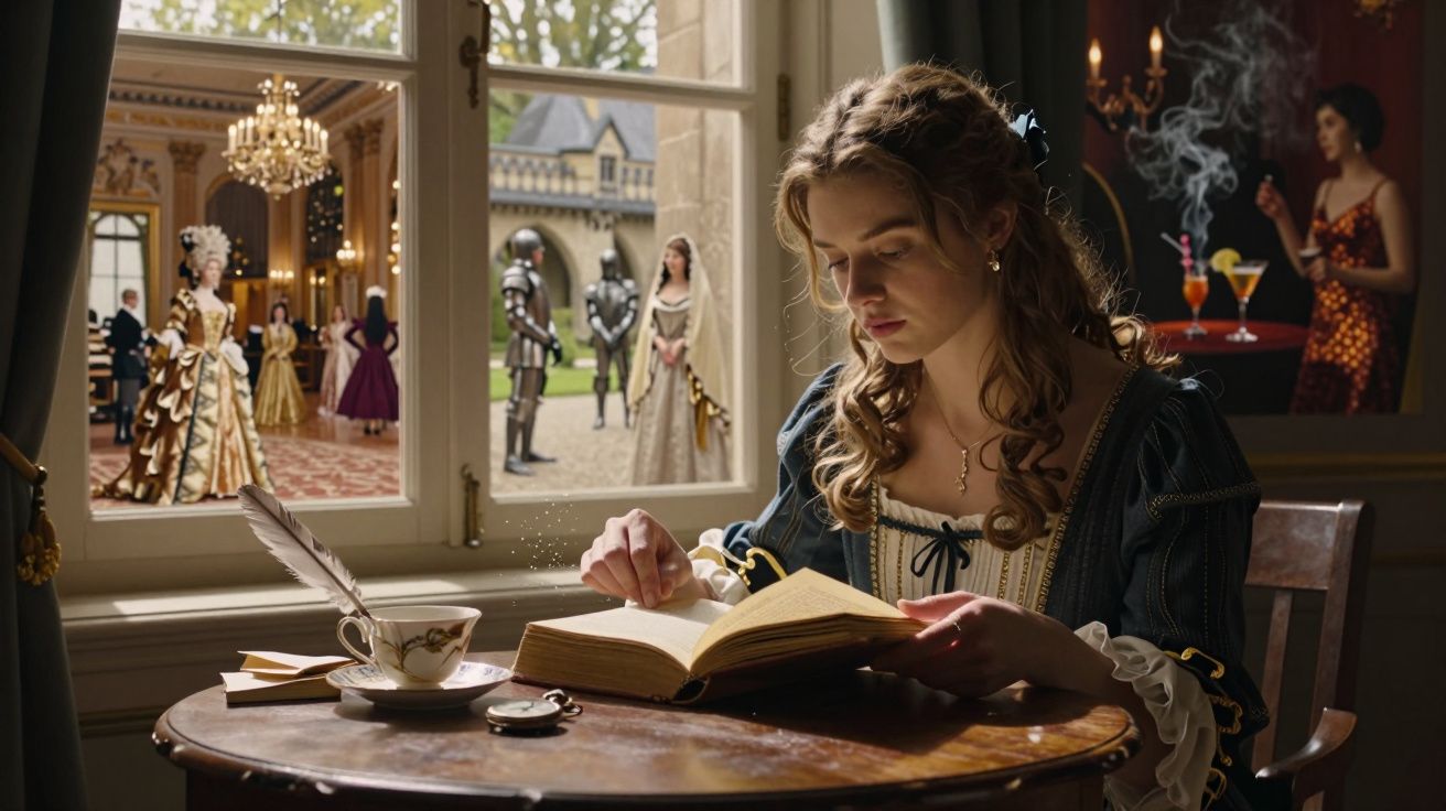 Jovem mulher em roupa de época lendo livro perto da janela com vista para salão e pessoas vestidas tradicionalmente.