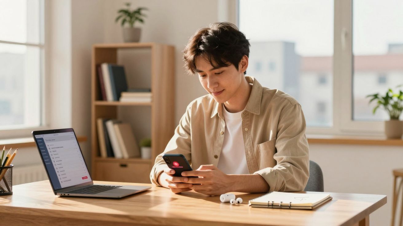 Homem jovem sentado à mesa usando celular, com laptop, caderno e fones de ouvido à sua frente.