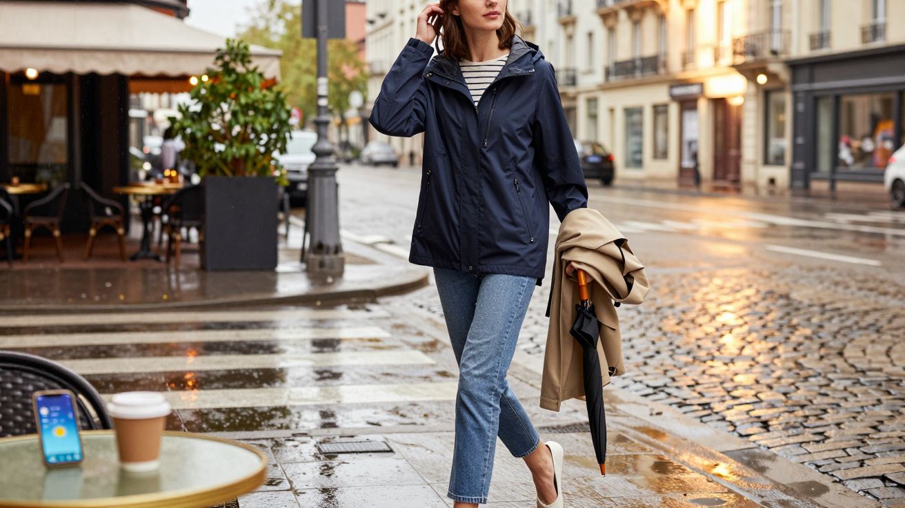 Mulher com jaqueta azul e calça jeans segura guarda-chuva em rua molhada de cidade ao entardecer.