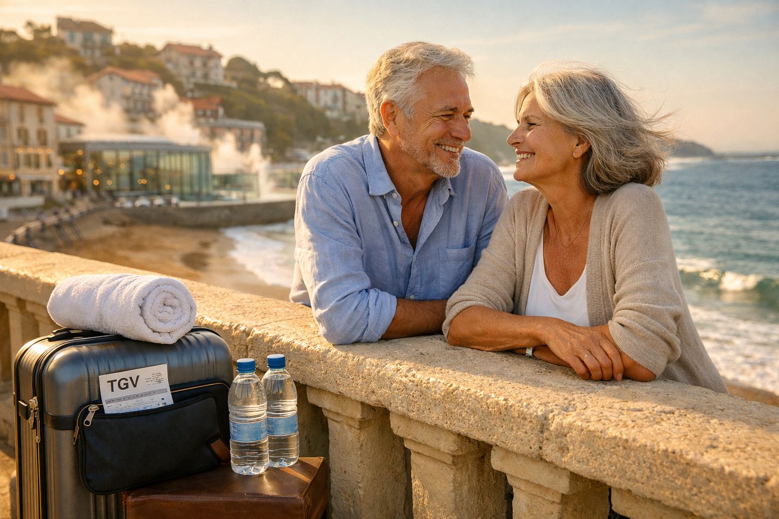 Casal maduro sorrindo apoiado em muro à beira-mar com mala, toalha e garrafas d'água.