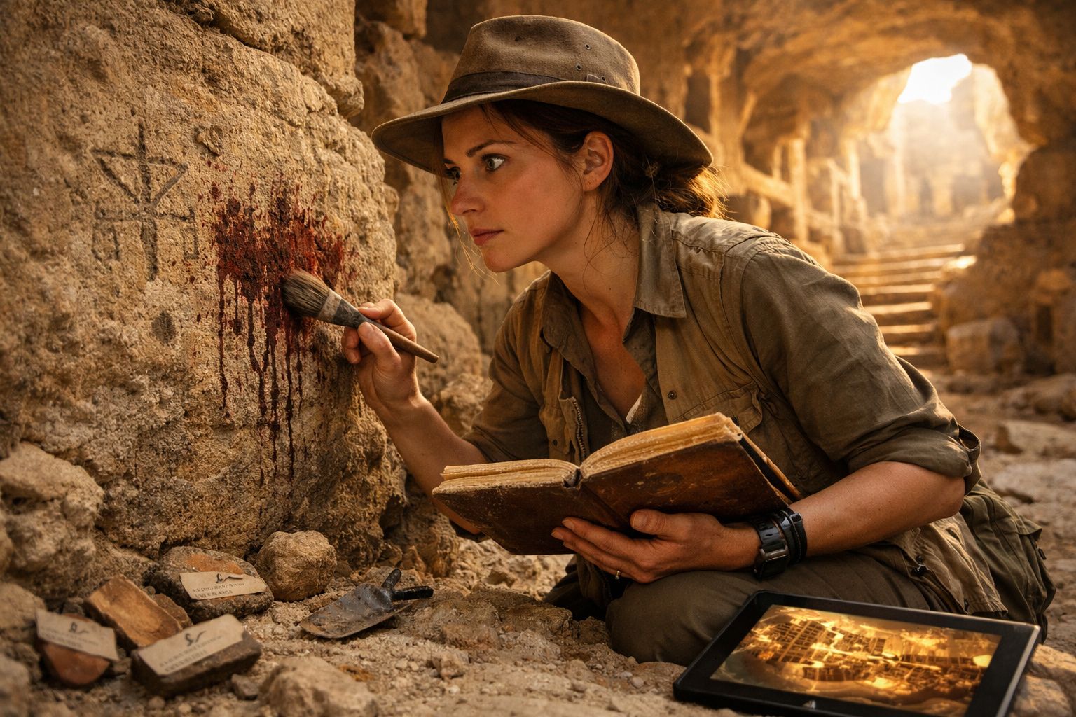Mulher arqueóloga pinta símbolos antigos na parede de uma caverna, segurando livro e pincel.