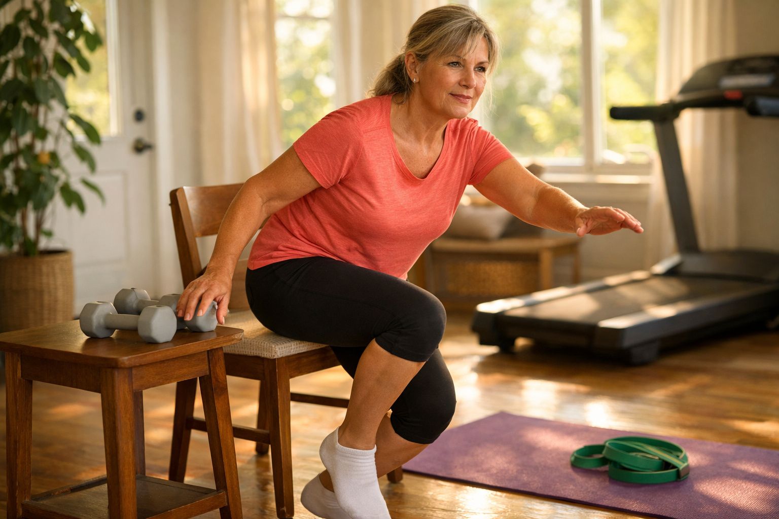 Mulher madura fazendo exercício de agachamento apoiada em cadeira em ambiente claro e confortável.