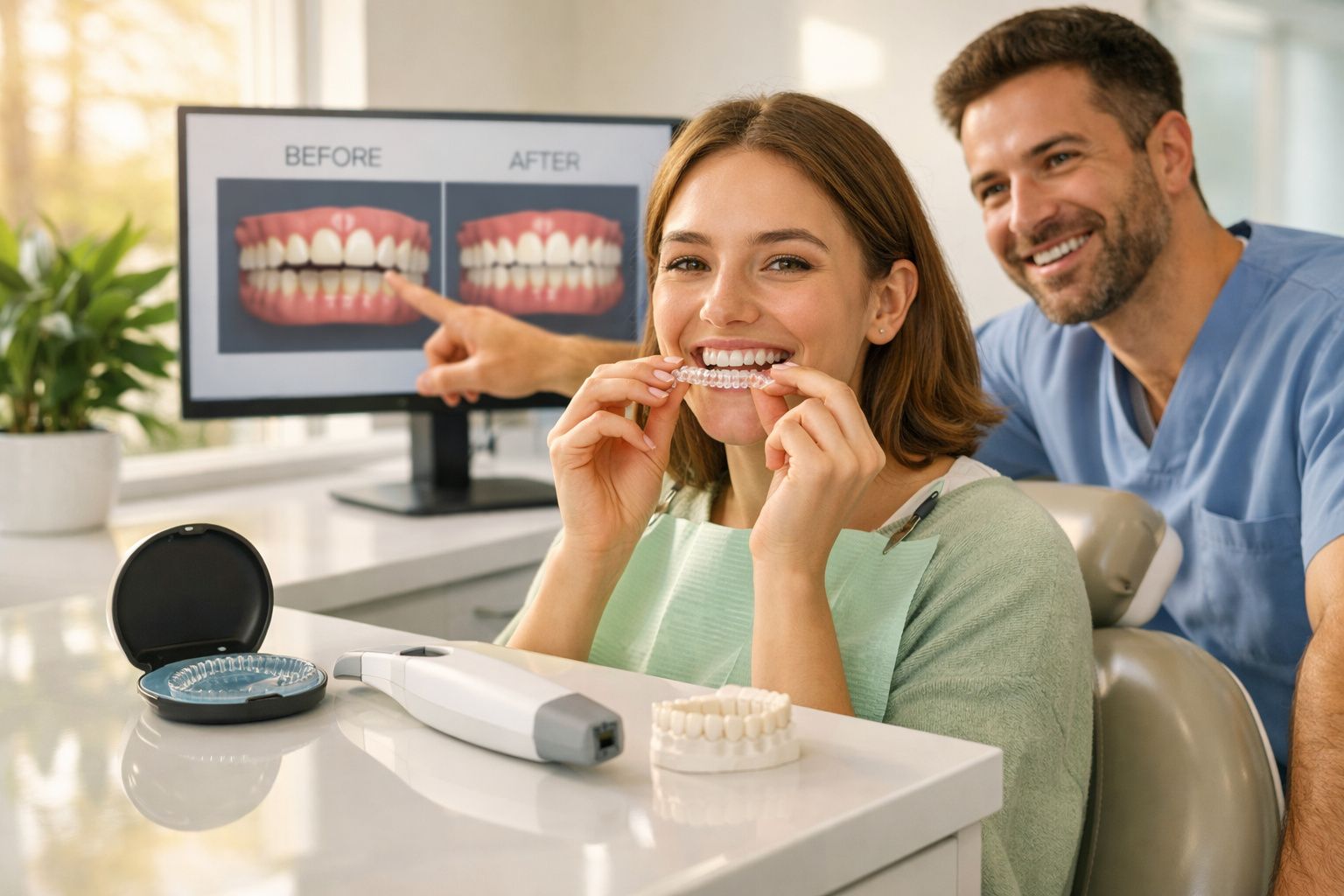 Paciente sorridente segurando alinhador dental transparente, consultor sorridente e tela com imagens de dentes antes e depois